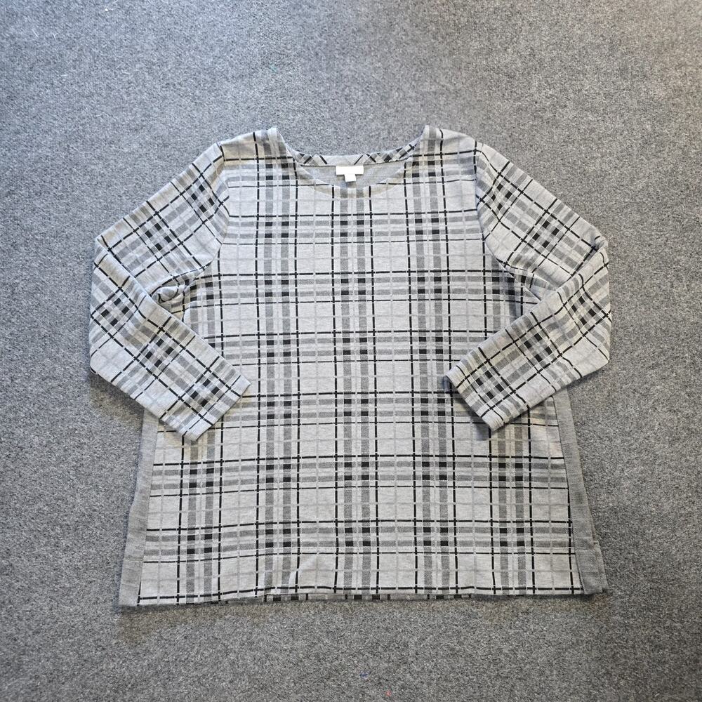 J Jill Top Womens XL Petite Gray Plaid Shimmery Tunic Long Sleeve Casual Career